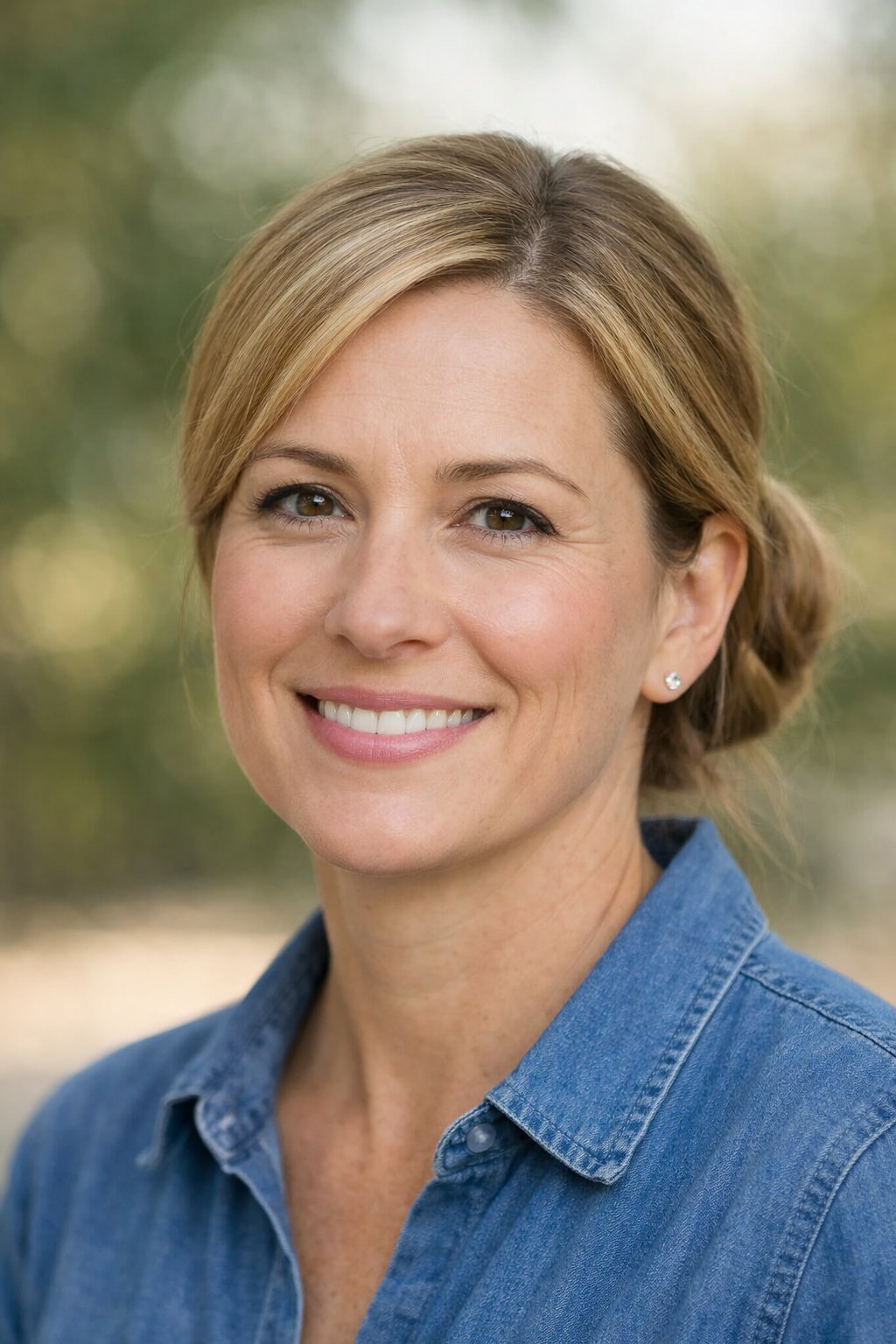 Headshot of a smiling woman outdoors with her hair styled in a low knot and deep side part.