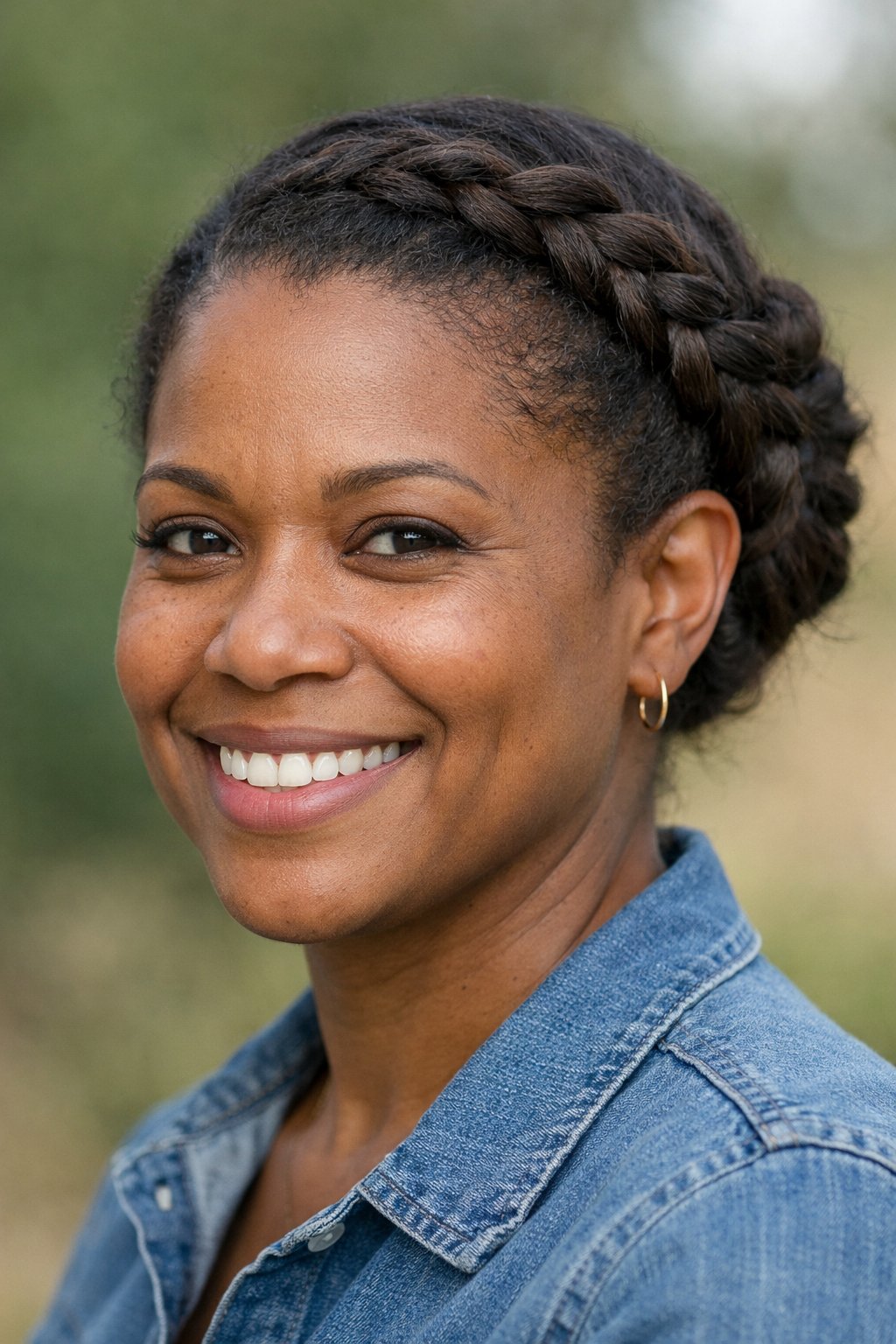 Headshot of a smiling woman outdoors with her hair styled in an updo.