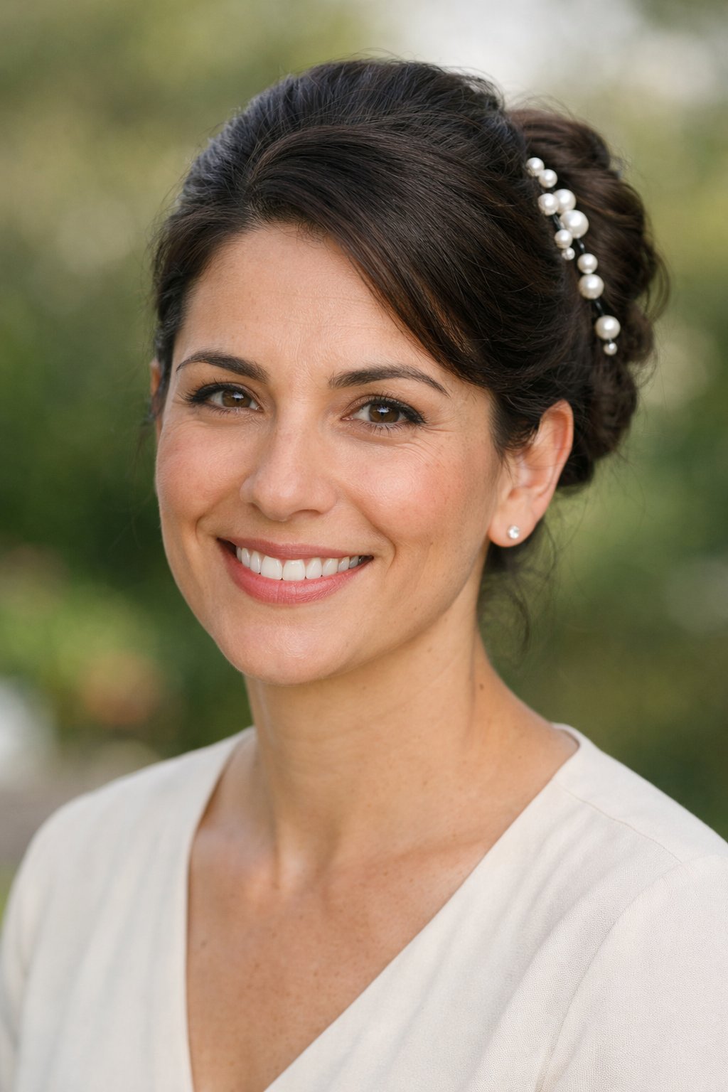 Smiling woman with an updo hairstyle and pearl hair accessories outdoors