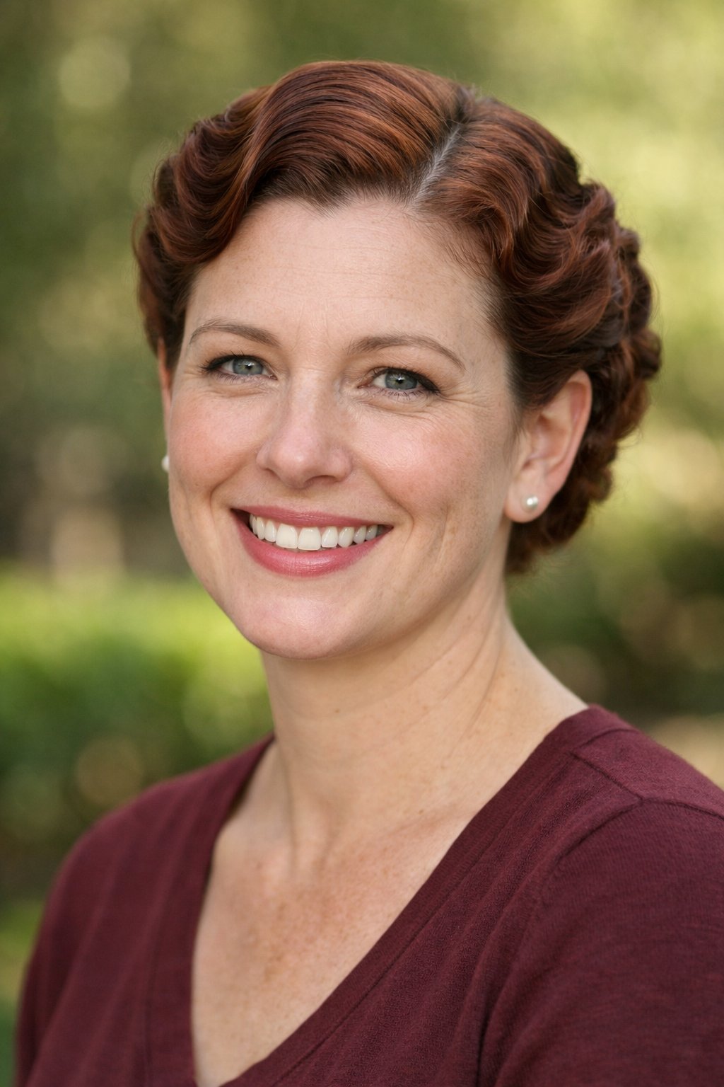 Headshot of a smiling woman outdoors with a vintage finger waves hairstyle pinned up.