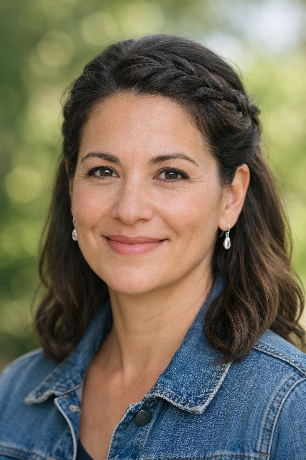 Headshot of a smiling woman outdoors with braided hair, natural lighting and blurred background.