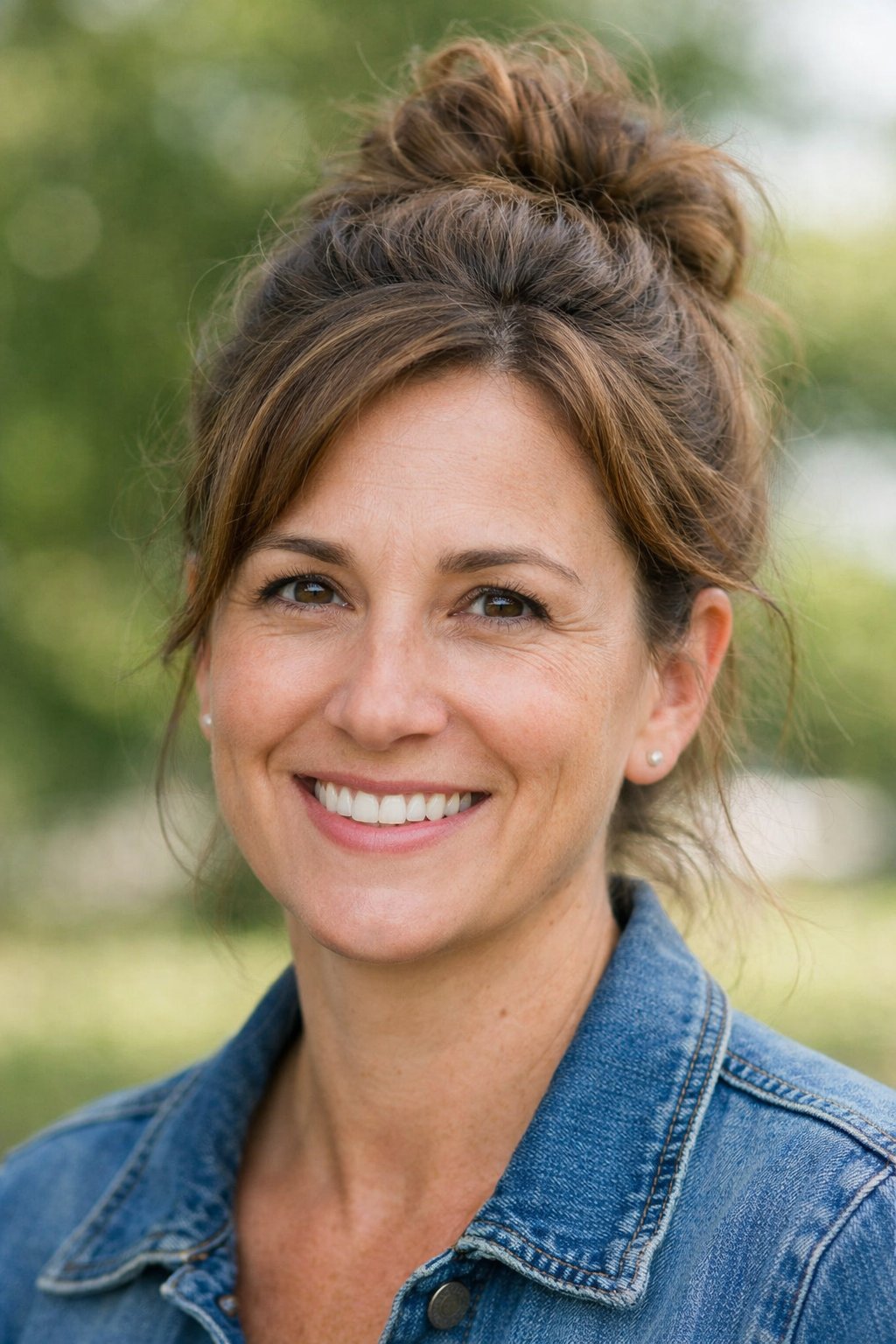 Headshot of a smiling woman outdoors with her hair in a loose bun.