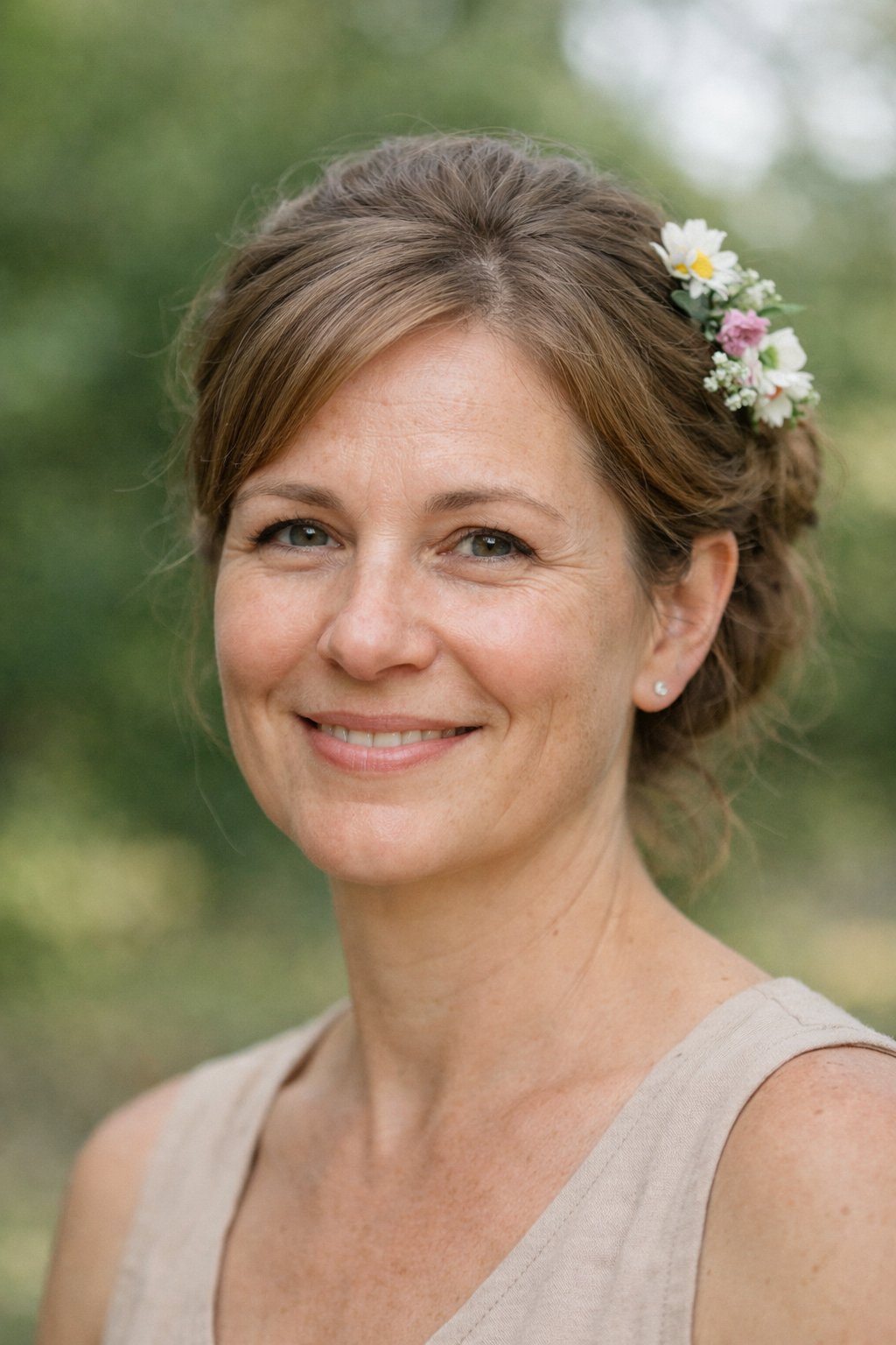 Headshot of a smiling woman outdoors with an elegant updo decorated with fresh flowers.