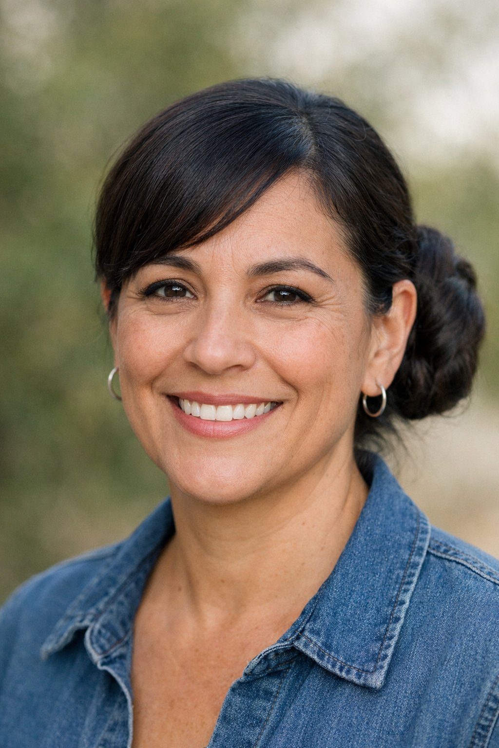 Headshot of a smiling woman outdoors with her hair styled in a sleek side bun.