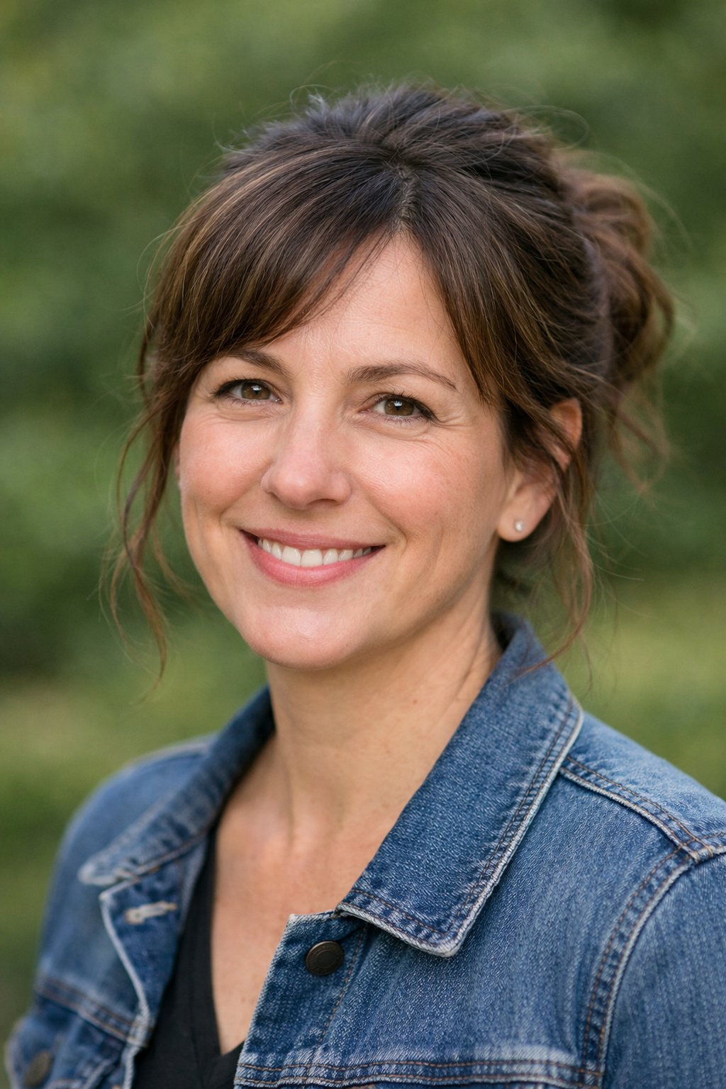 Headshot of a smiling woman outdoors with a low messy bun hairstyle and loose strands around her face.