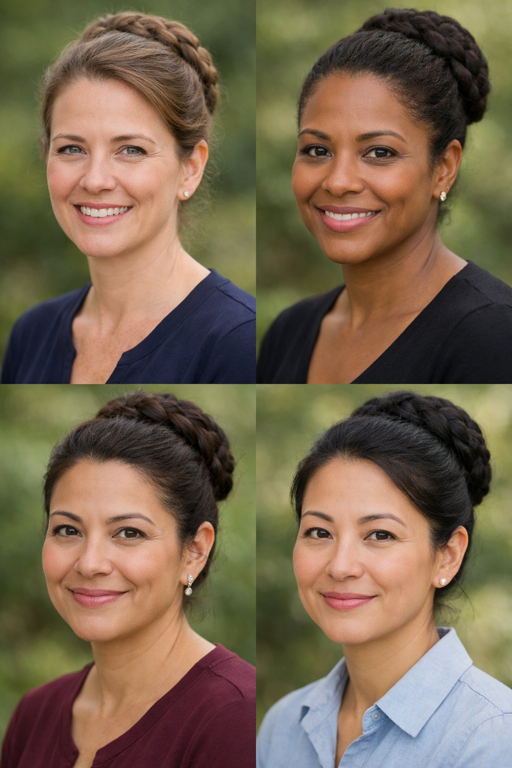 Headshot of a smiling woman outdoors with her hair styled in a braided bun.