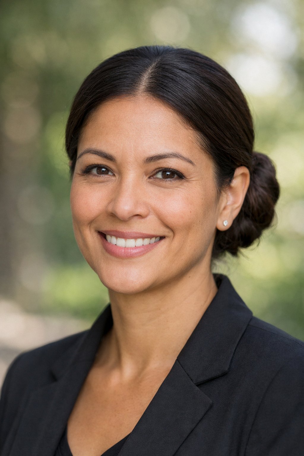 Headshot of a smiling woman with a low twisted bun and middle part, outdoors with natural background.