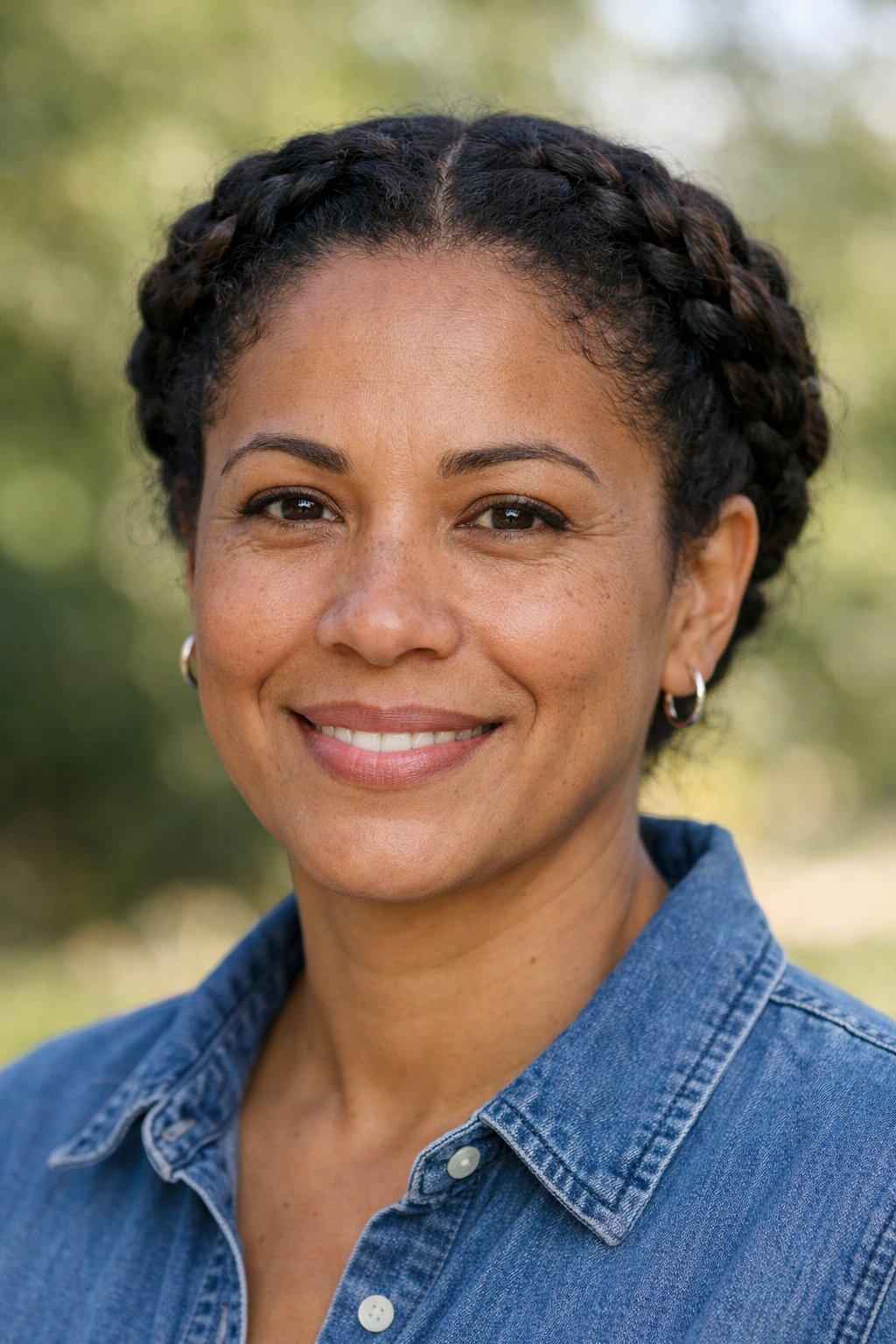 Headshot of a smiling woman outdoors with braided hair and natural lighting.