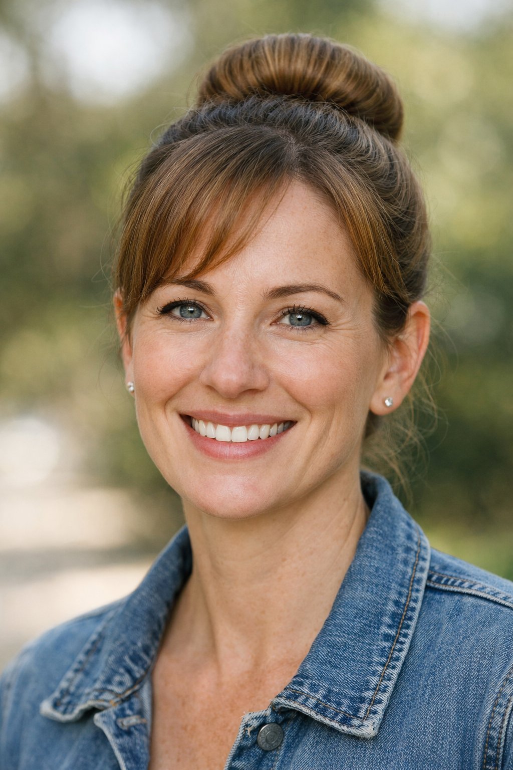 Headshot of a smiling woman outdoors with her hair styled in a neat bun.