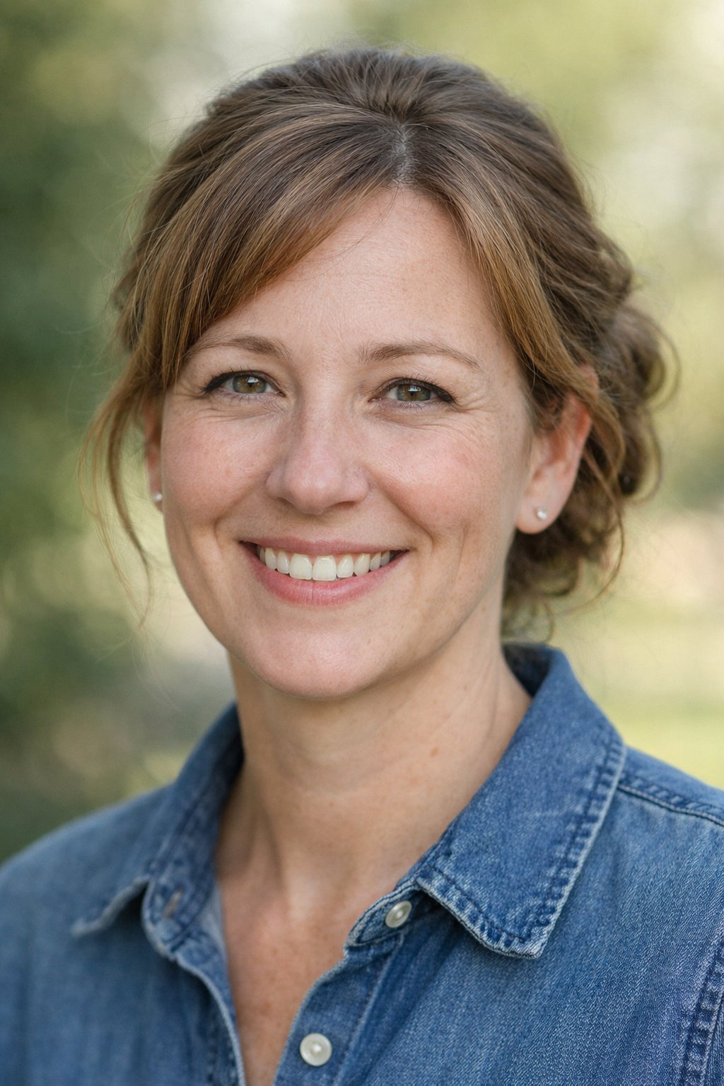 Headshot of a smiling woman outdoors with her hair styled in a soft looped updo.