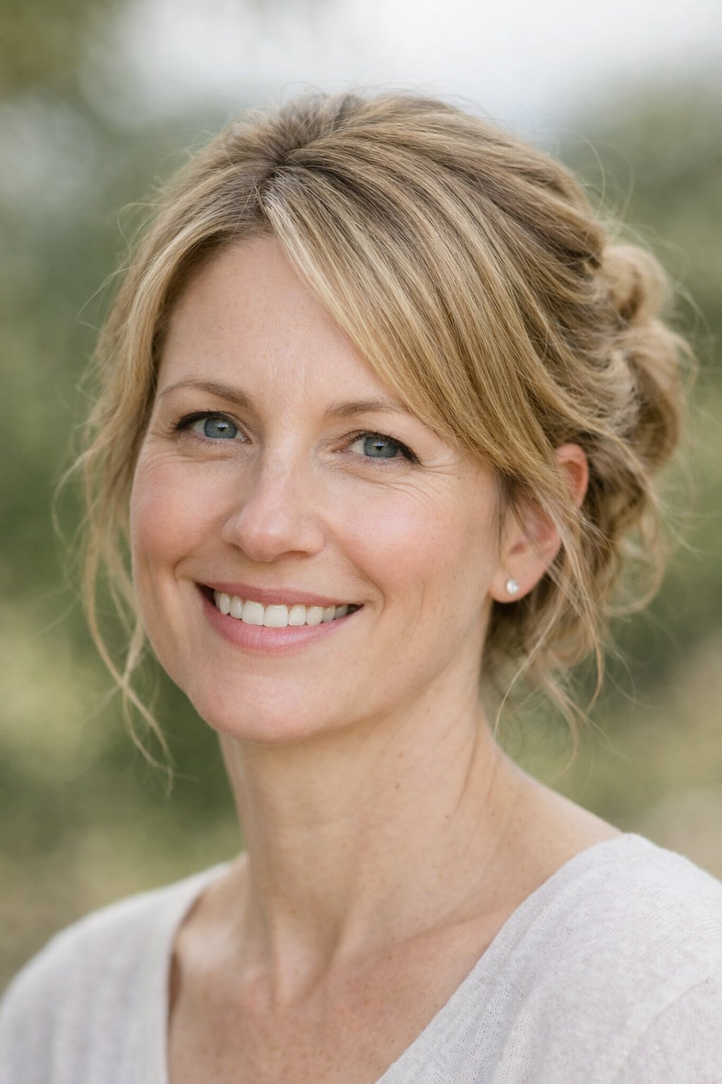 Headshot of a smiling woman outdoors with her hair styled in a loose updo.