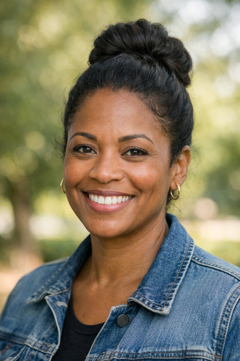 Headshot of a smiling woman outdoors with natural lighting and blurred greenery in the background.
