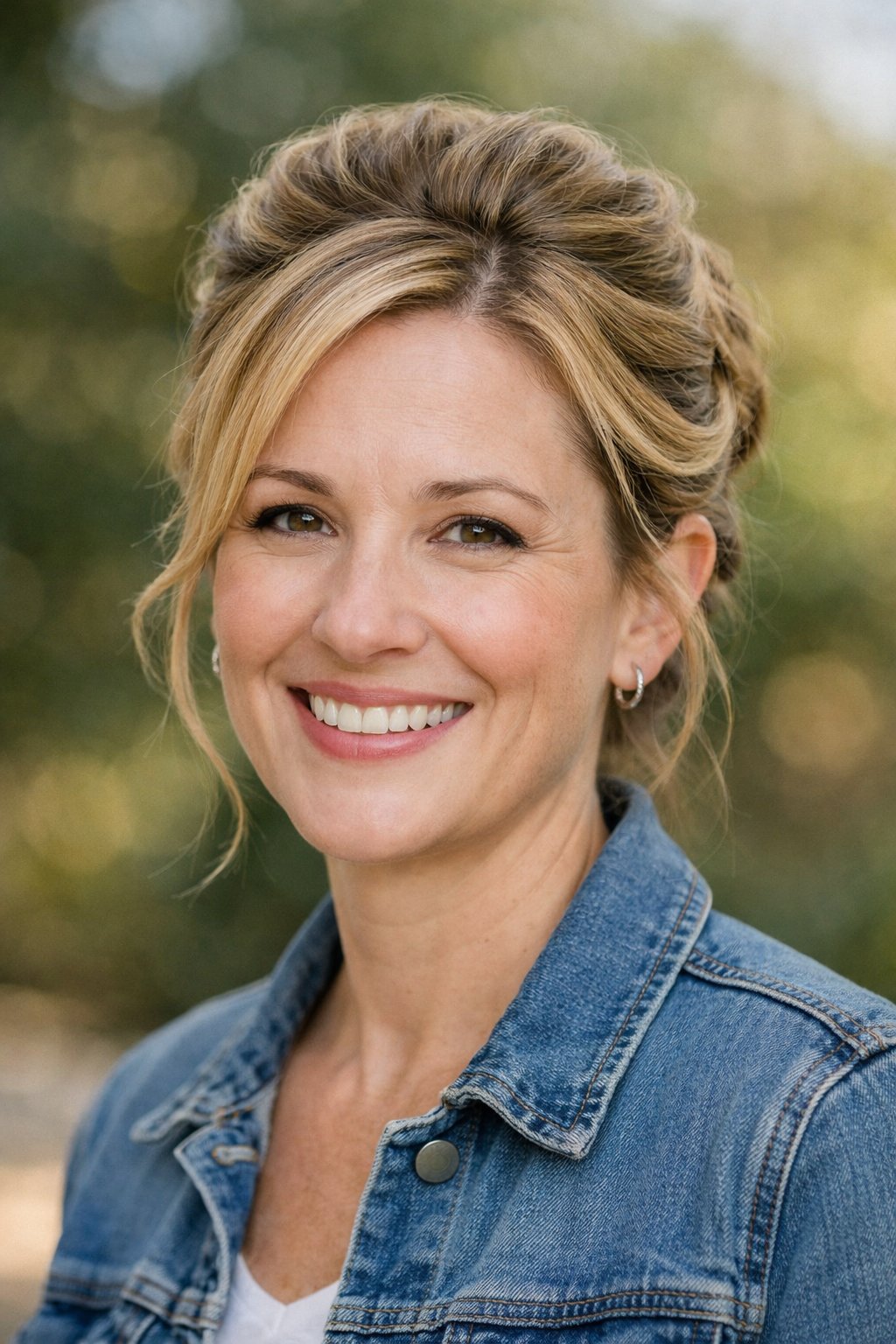Headshot of a smiling woman outdoors with pinned back waves hairstyle and volume.