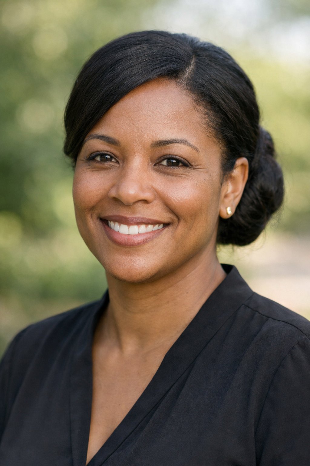 Headshot of a smiling woman outdoors with her hair styled in an elegant updo.