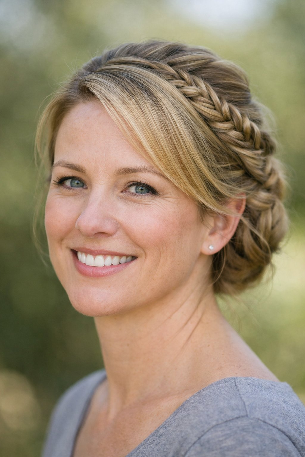 Headshot of a smiling woman outdoors with braided hair and a blurred natural background.