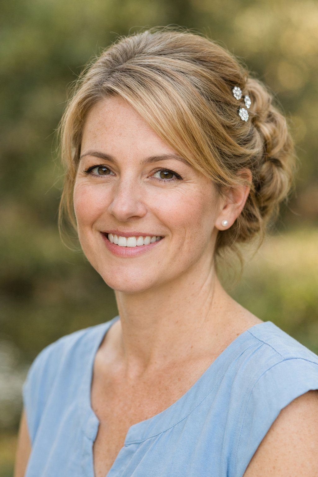 Headshot of a smiling woman outdoors with an elegant updo hairstyle decorated with jeweled pins.