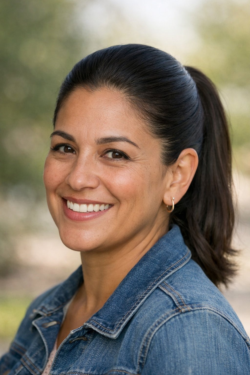 Headshot of a smiling woman outdoors with her hair styled in a sleek ponytail.