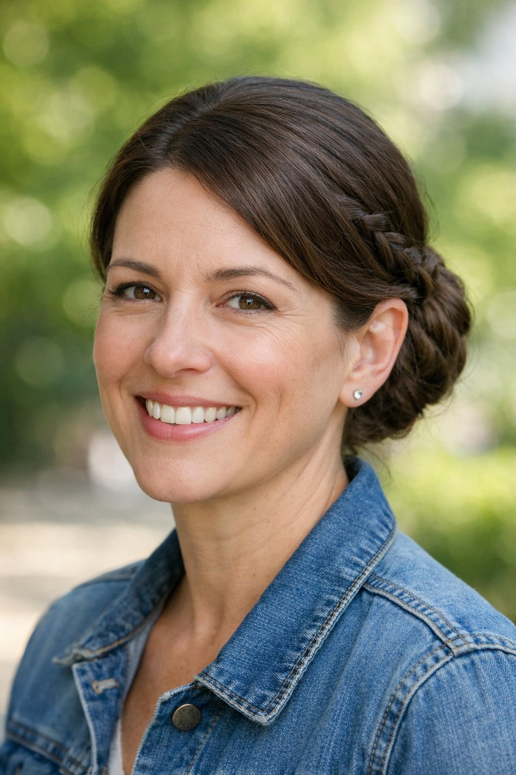 Headshot of a smiling woman outdoors with a low bun hairstyle that includes braided accents.