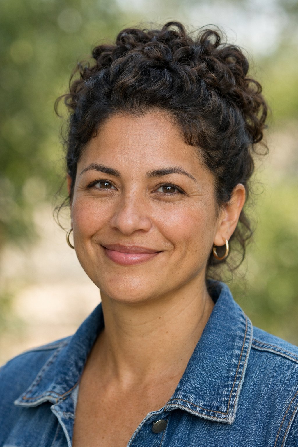 Headshot of a smiling woman outdoors with her hair styled in an updo.