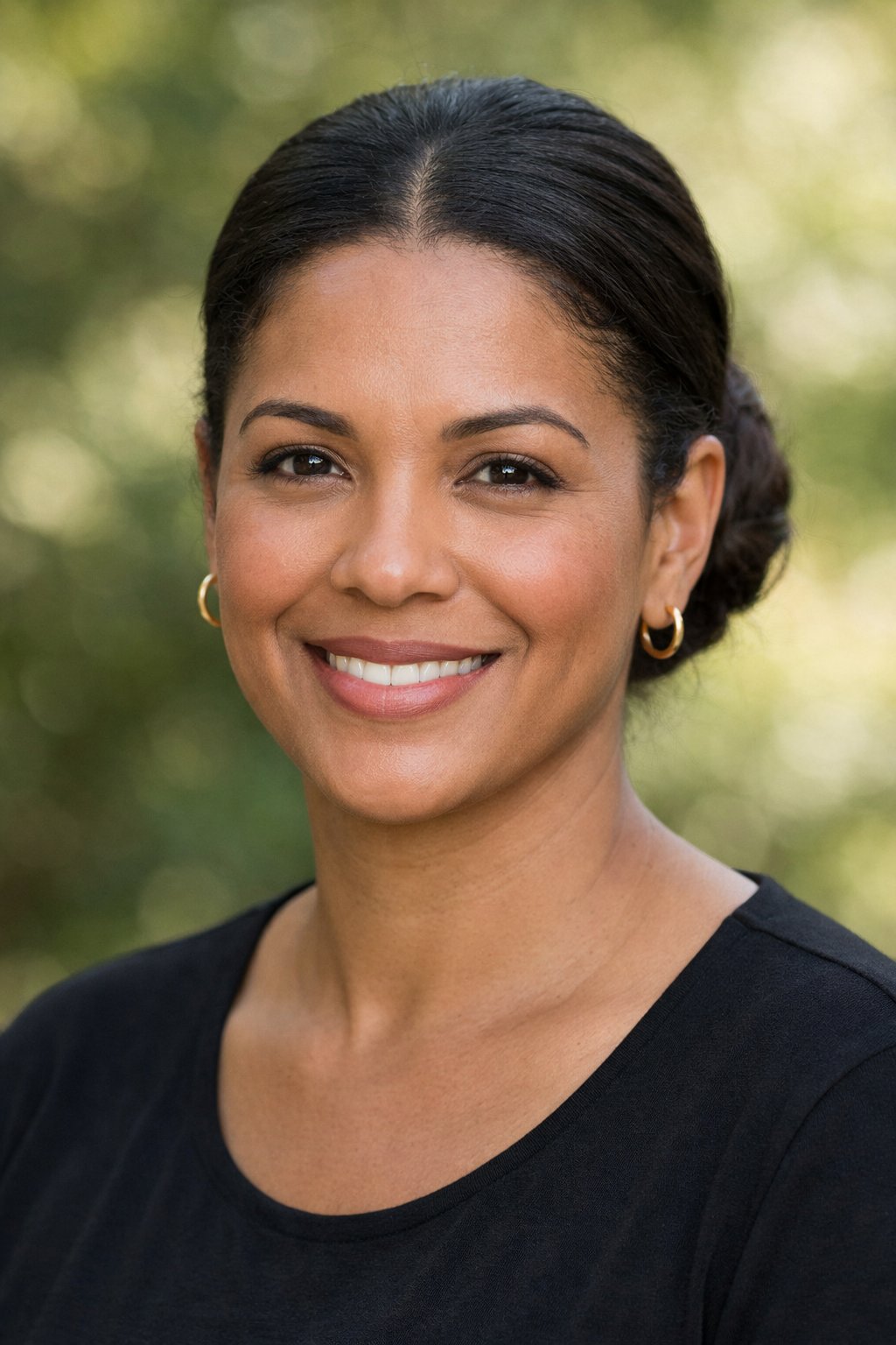Headshot of a smiling woman outdoors with a sleek updo hairstyle and center part.