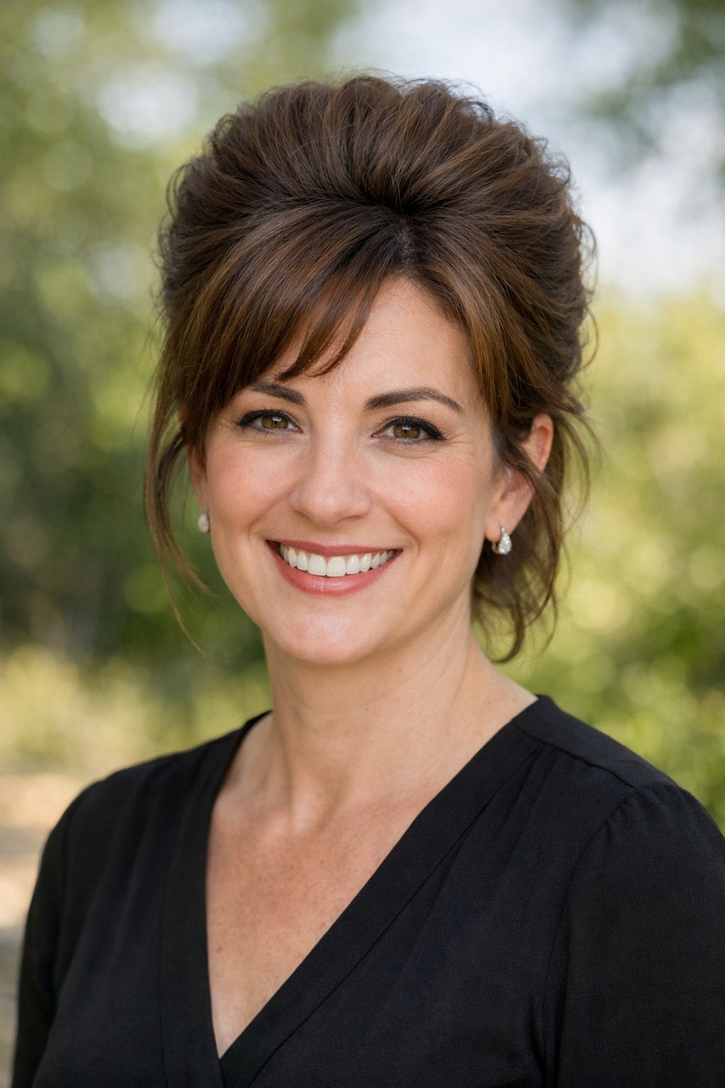 Headshot of a smiling woman outdoors with natural light and blurred greenery in the background.