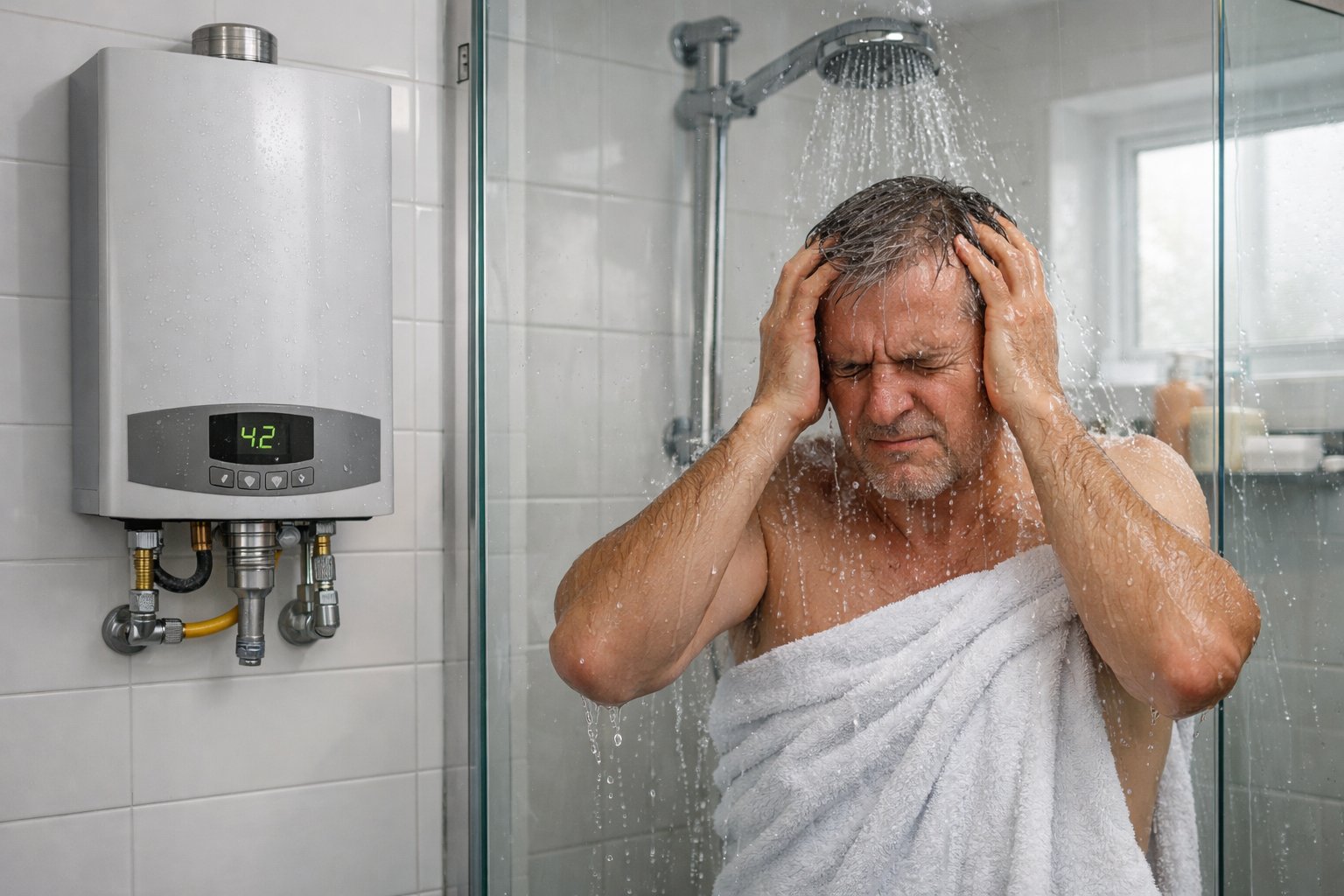 Person wrapped in a towel standing under a shower with cold water in a modern bathroom with a tankless water heater on the wall.