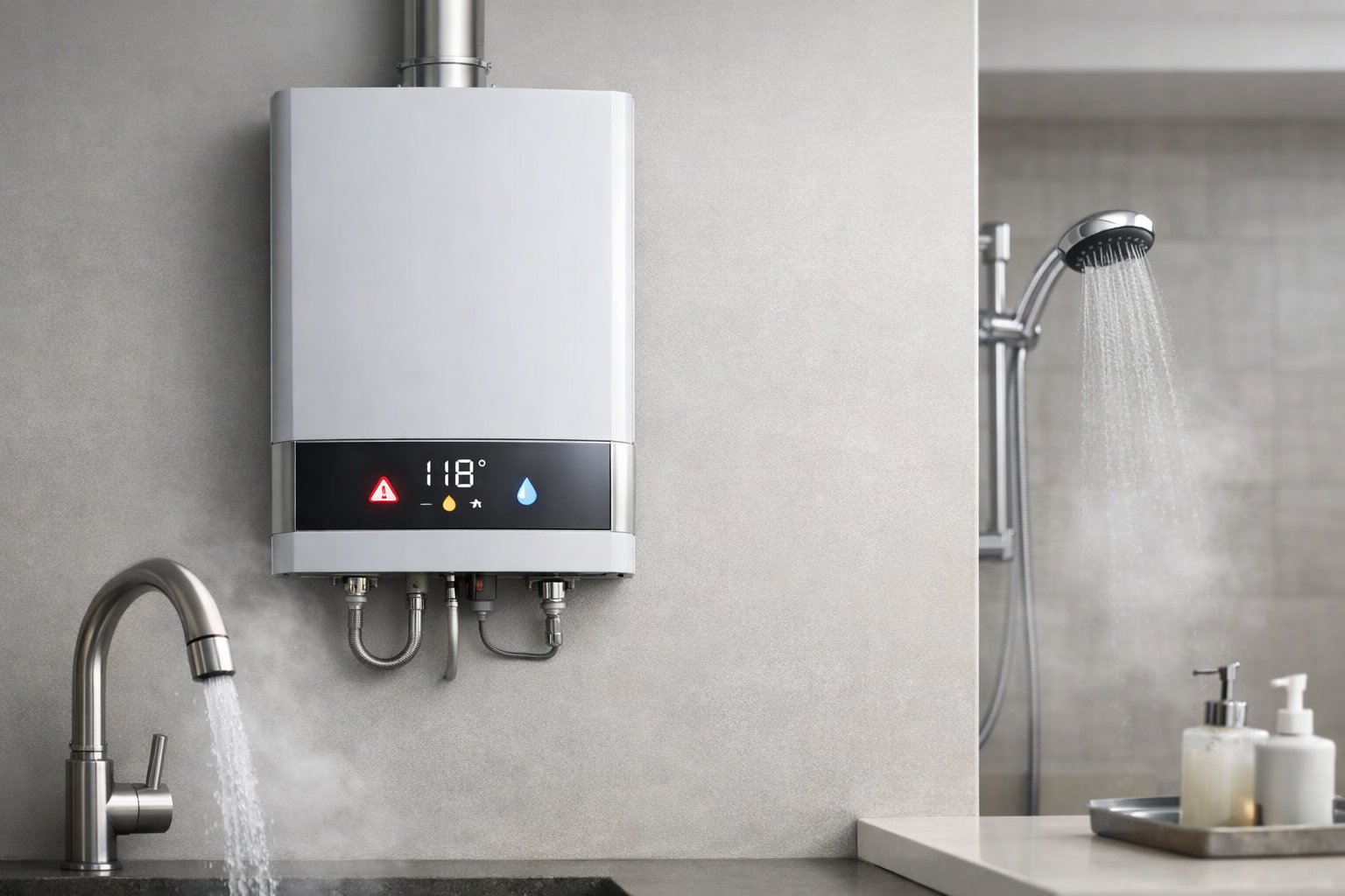 A modern tankless water heater mounted on a wall with water flowing from a nearby faucet.
