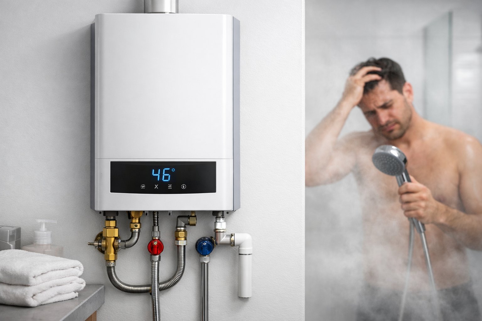 A modern tankless water heater installed on a white wall with pipes and a digital display, and a person in the background appearing frustrated while holding a showerhead.