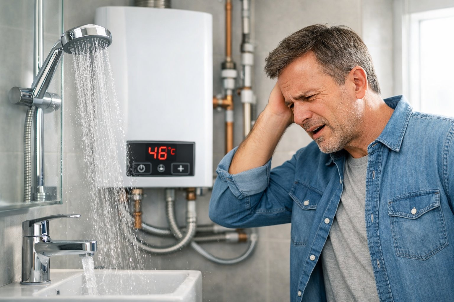 A person standing near a tankless water heater and a sink with cold water running, looking concerned.