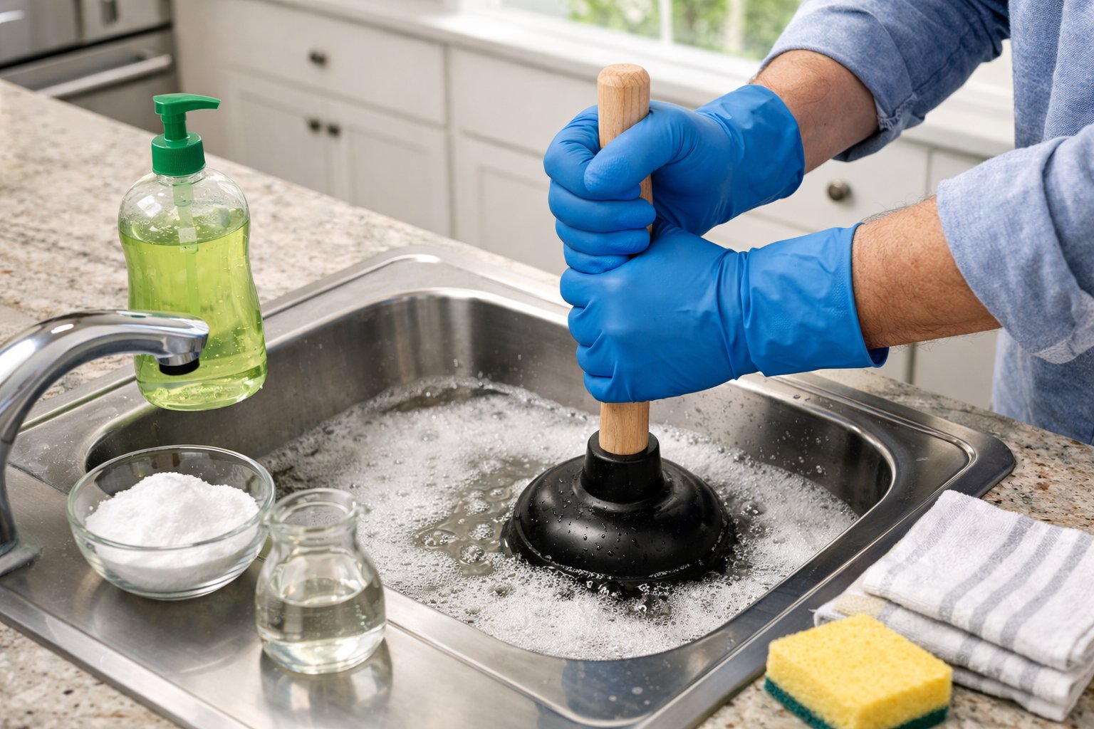 Hands wearing blue gloves using a plunger on a stainless steel kitchen sink to unclog grease.