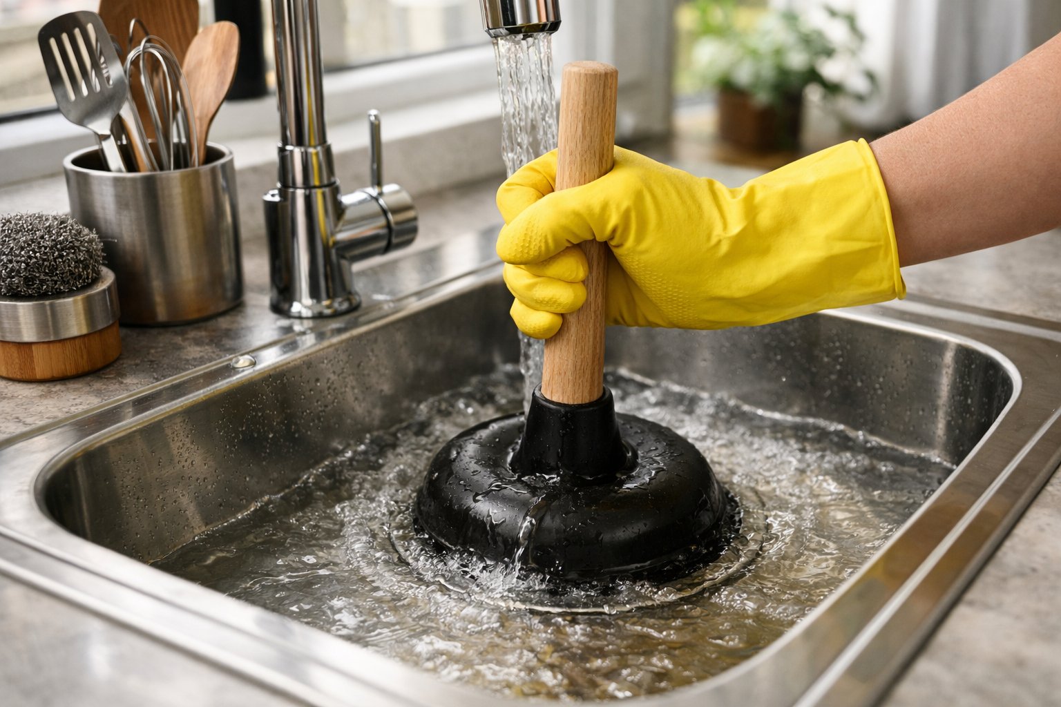 A person wearing a yellow glove unclogging a kitchen sink drain with a plunger in a clean, modern kitchen.
