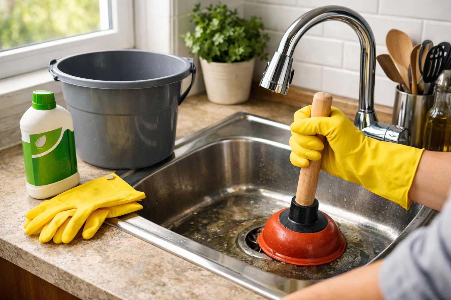 Hands wearing yellow gloves preparing to unclog a kitchen sink with a plunger, surrounded by cleaning supplies on a clean countertop.