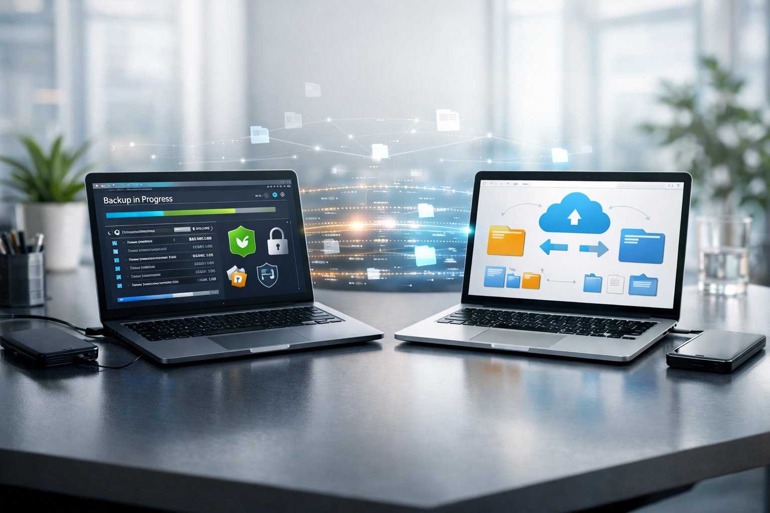 Two laptops on a modern desk showing different data backup and synchronization interfaces in a bright office setting.
