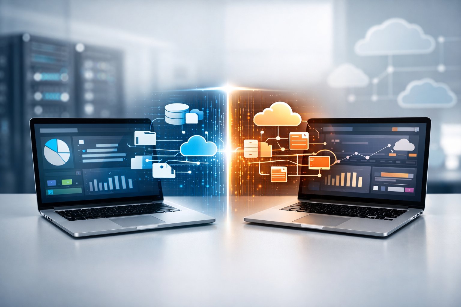 Two laptops on a desk displaying abstract software interfaces with digital data streams between them, representing a comparison between two backup tools.