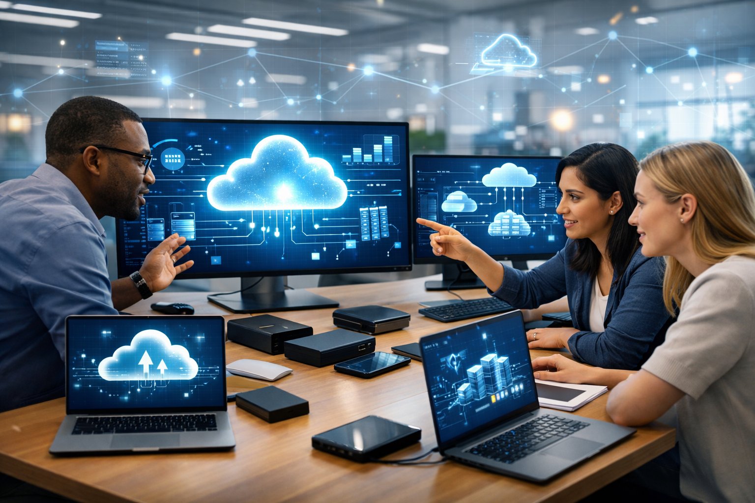 A group of IT professionals working together in an office with multiple monitors showing cloud computing and data storage visuals.