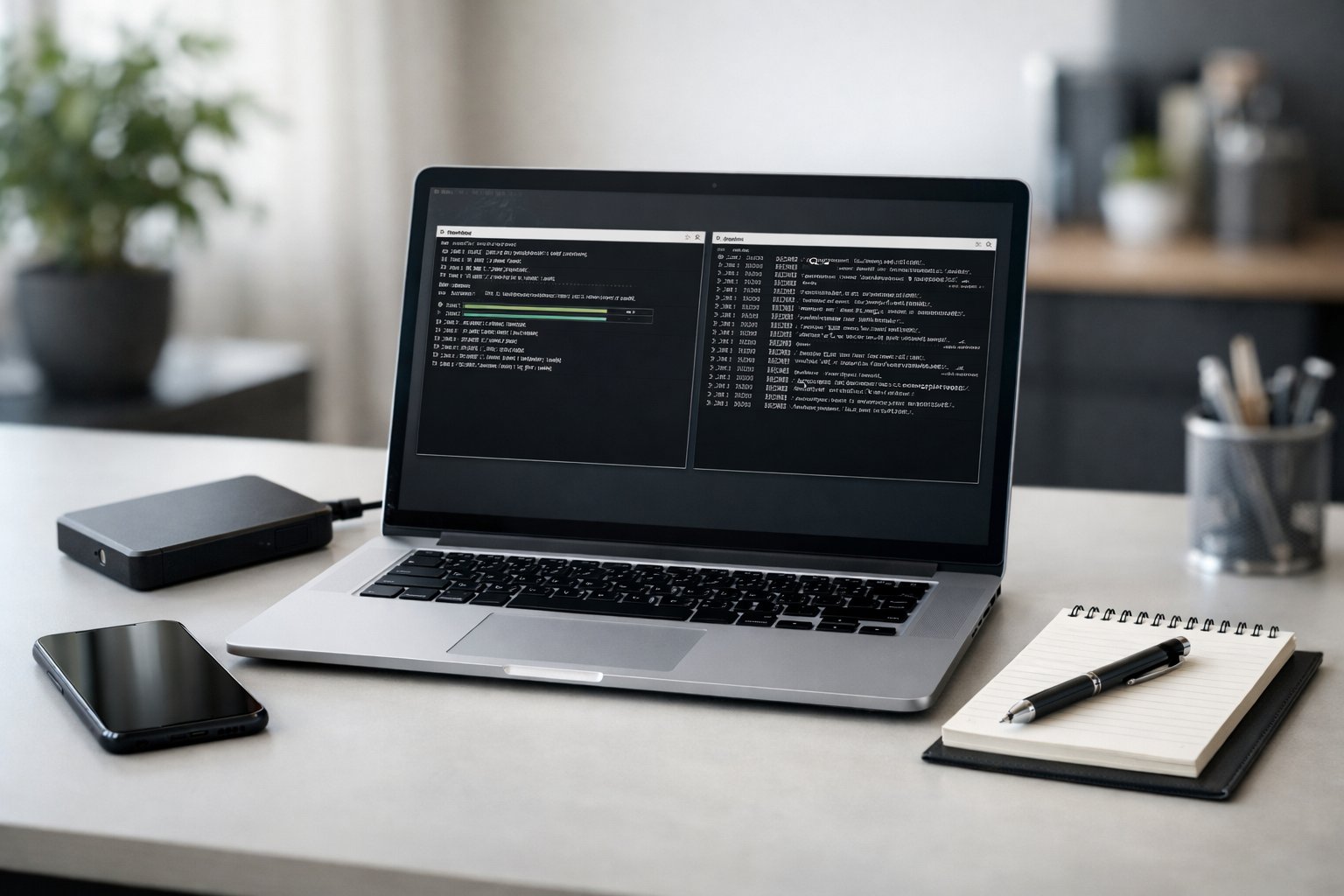 A laptop on a desk showing command-line interface windows with tech accessories around it in a modern office setting.