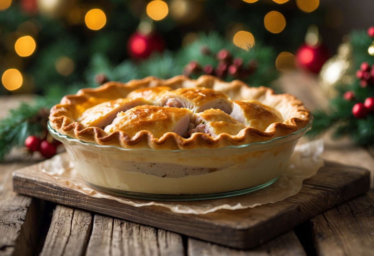 Torta salgada de frango com pedaços de tender em uma mesa rústica com decoração natalina ao fundo.