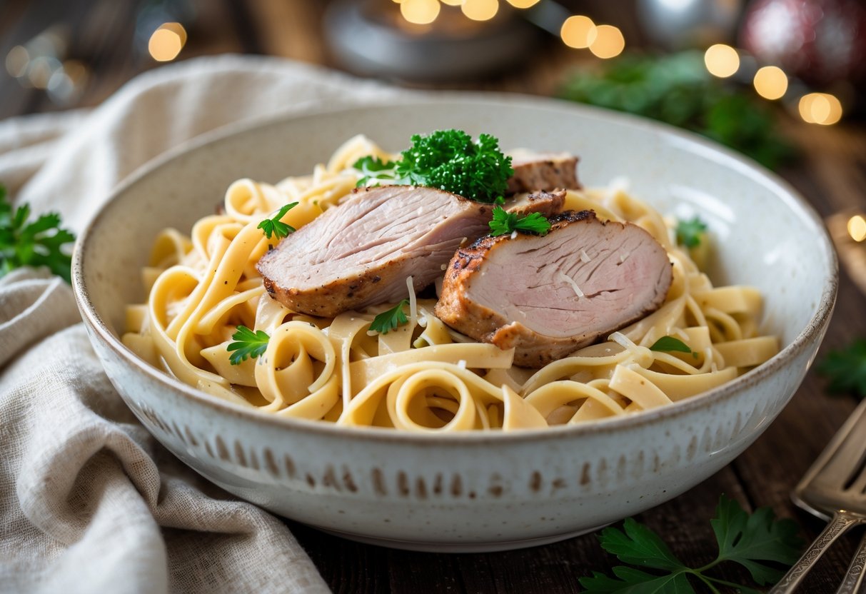 Prato de macarrão ao molho cremoso com pedaços de lombo, servido em uma tigela branca sobre uma mesa de madeira com decoração natalina ao fundo.