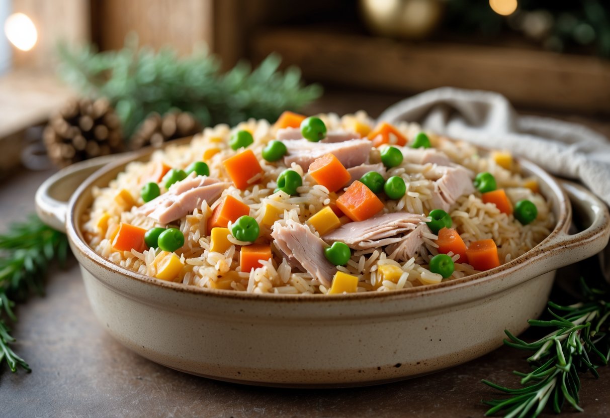 Prato de arroz de forno com pedaços de peru e legumes, servido em uma travessa cerâmica em uma cozinha acolhedora.