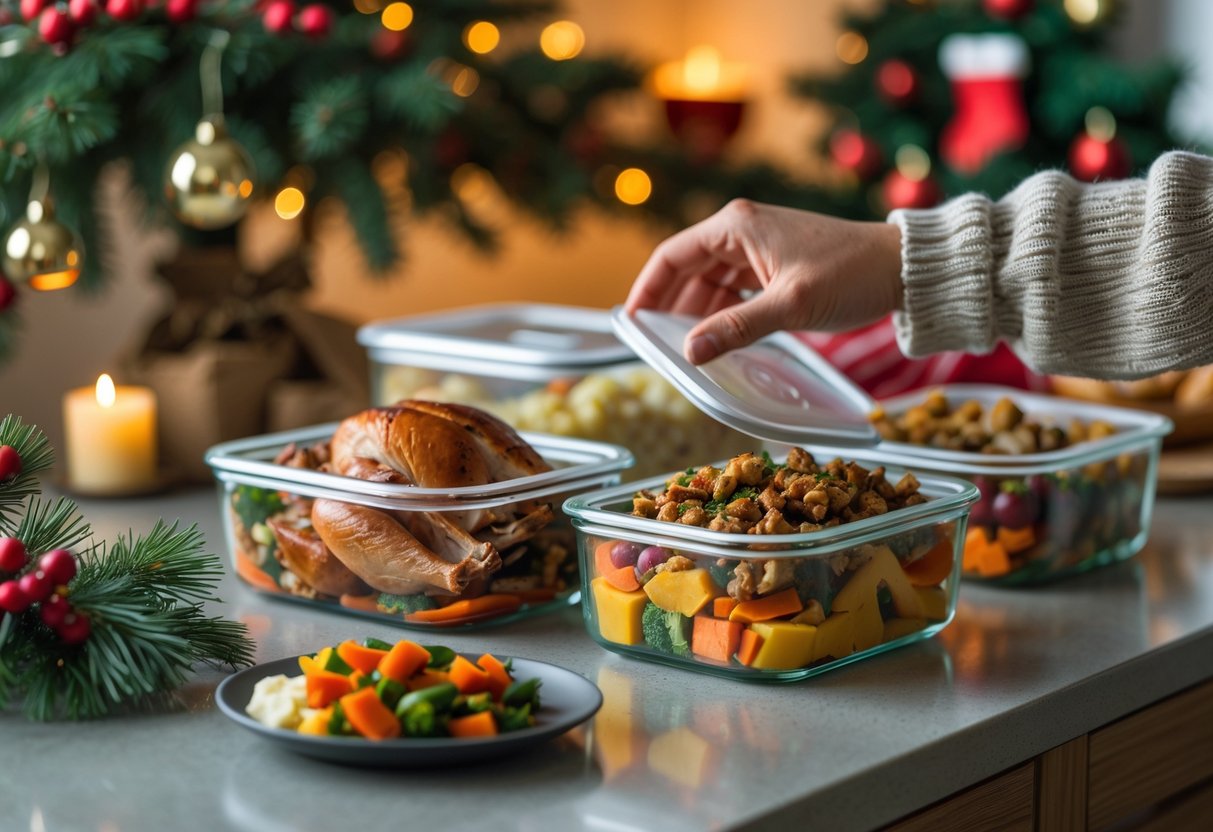 Mãos armazenando sobras da ceia de Natal em potes de vidro na cozinha decorada para o Natal.