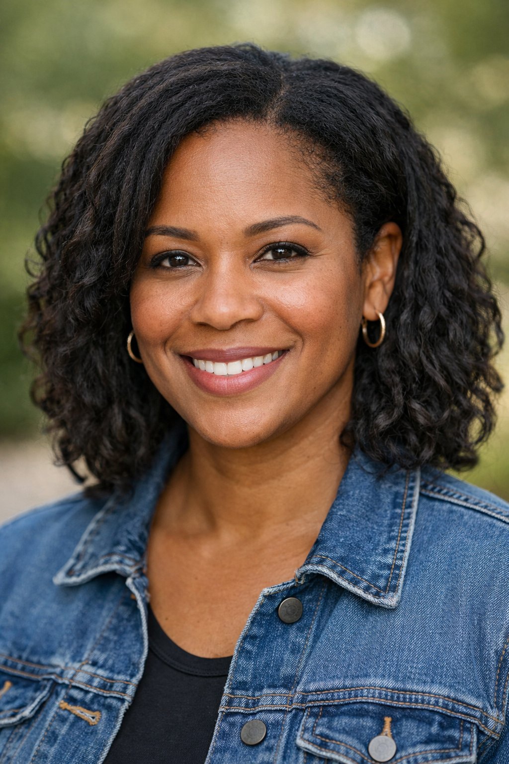 Headshot of a smiling woman outdoors with a natural background.