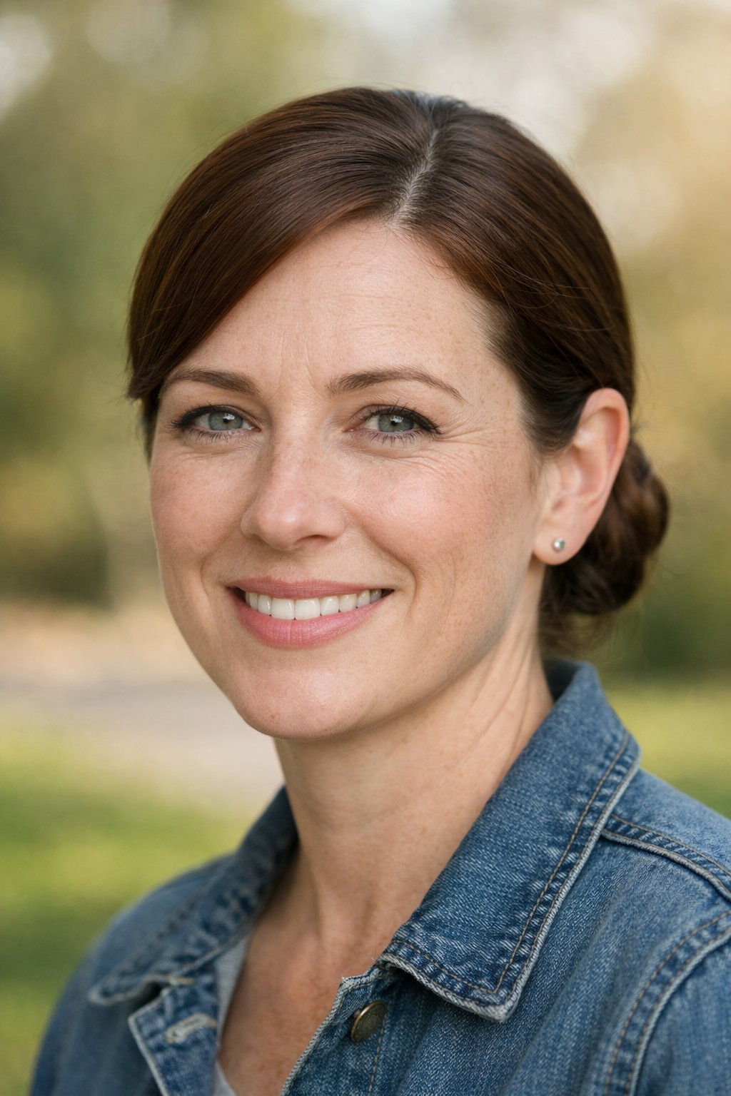 Headshot of a smiling woman outdoors with a low side part hairstyle.