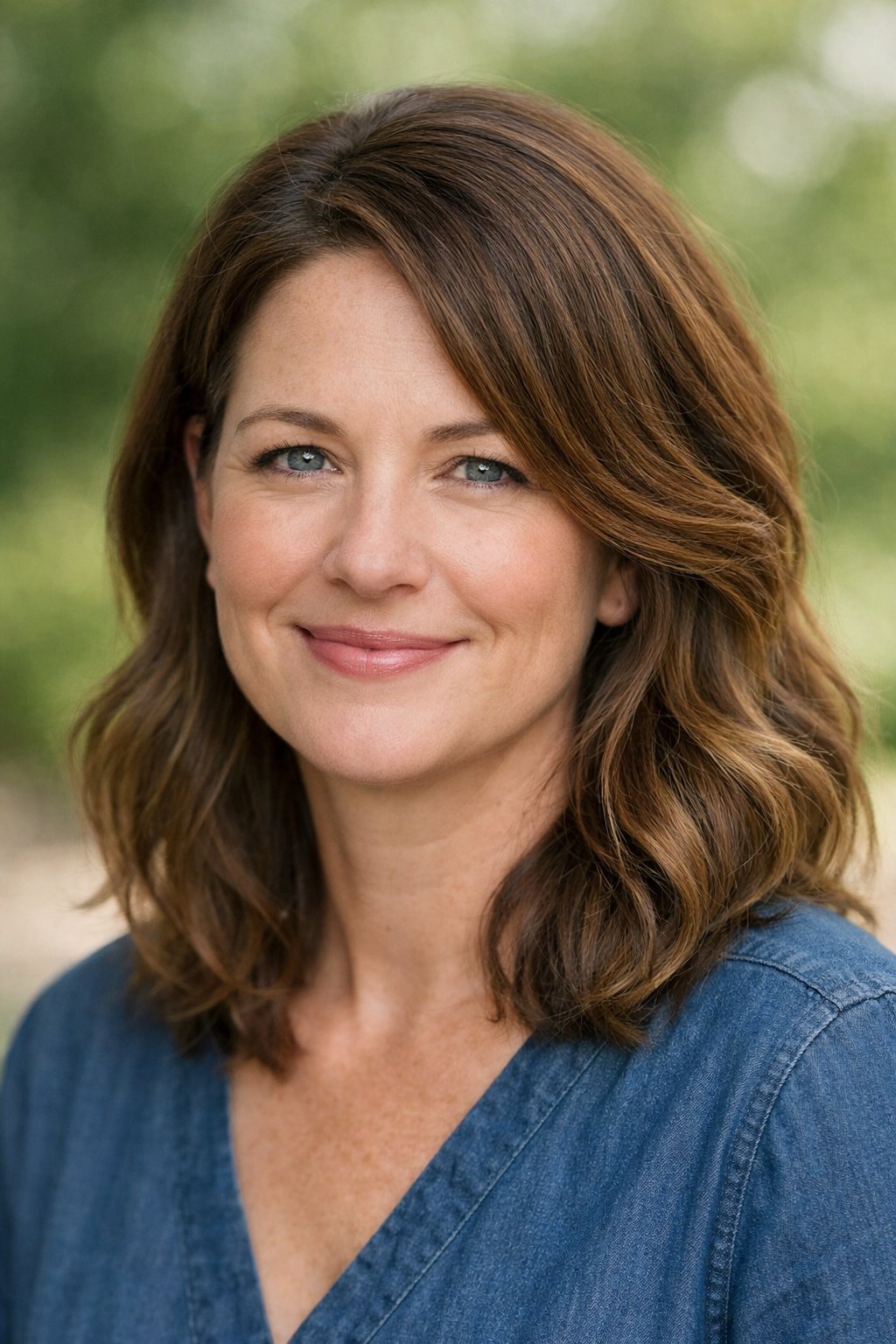 Headshot of a smiling woman outdoors with soft waves and a deep side part in her hair.