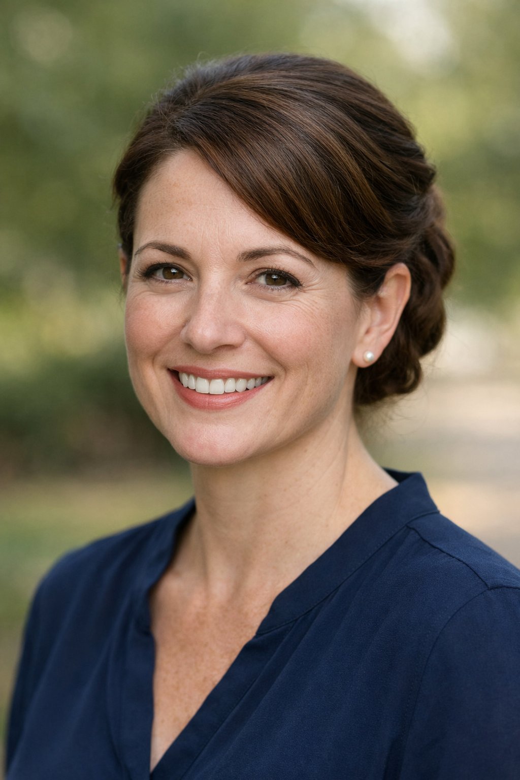 Smiling woman outdoors with a neatly styled updo hairstyle and natural lighting.