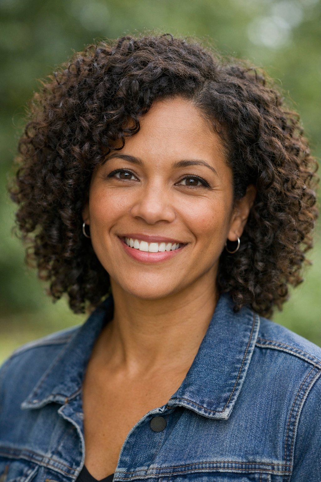 Headshot of a smiling woman outdoors with curly hair parted to the side.