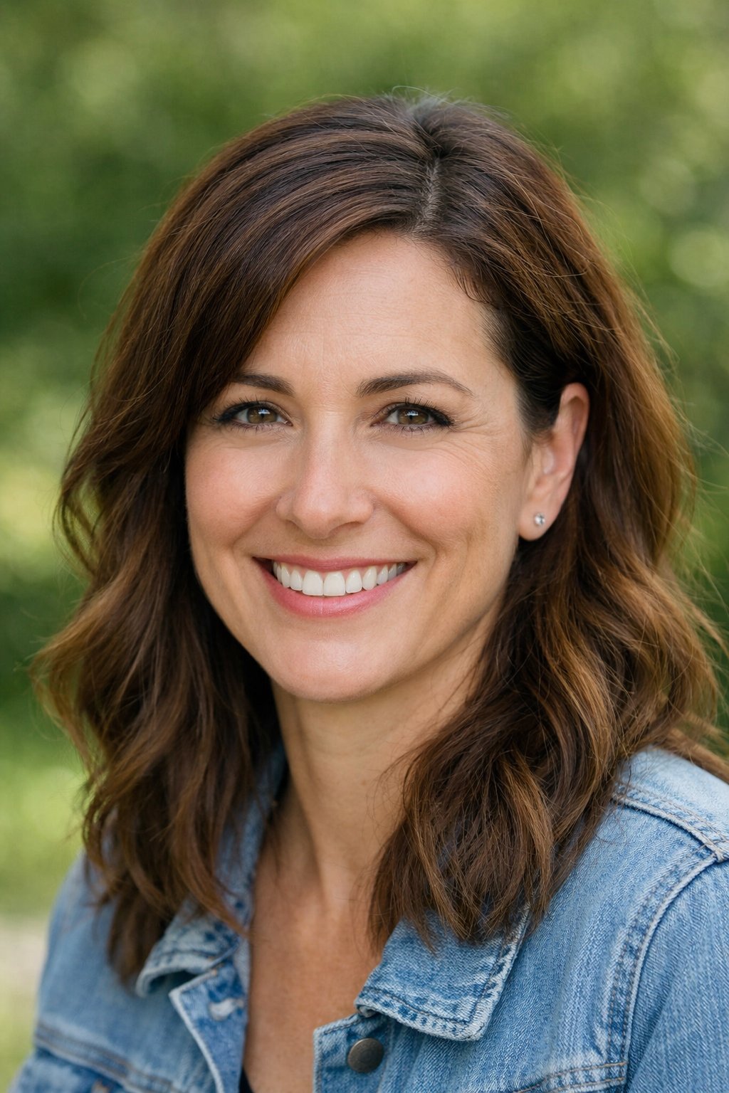 Smiling woman outdoors with textured side part and loose waves hairstyle, close-up headshot.