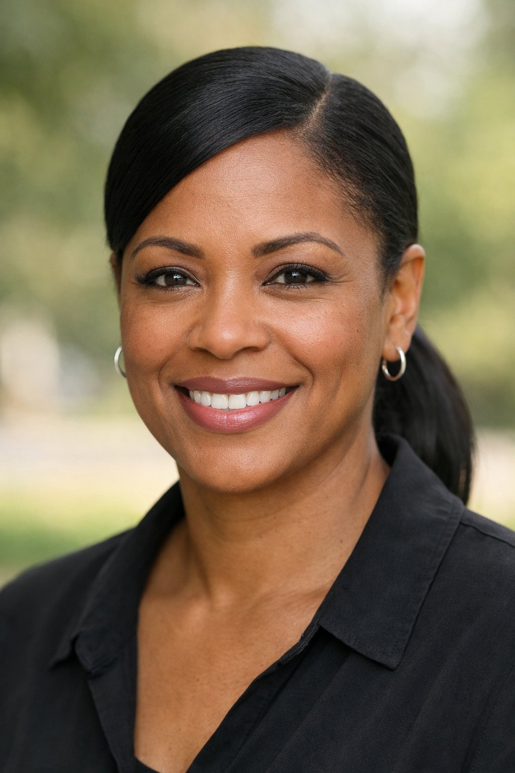 Headshot of a smiling woman outdoors with a side part ponytail hairstyle.