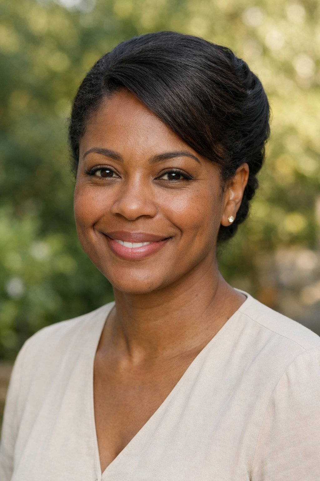 Smiling woman outdoors with a side-part hairstyle and elegant French twist, natural lighting and blurred background.
