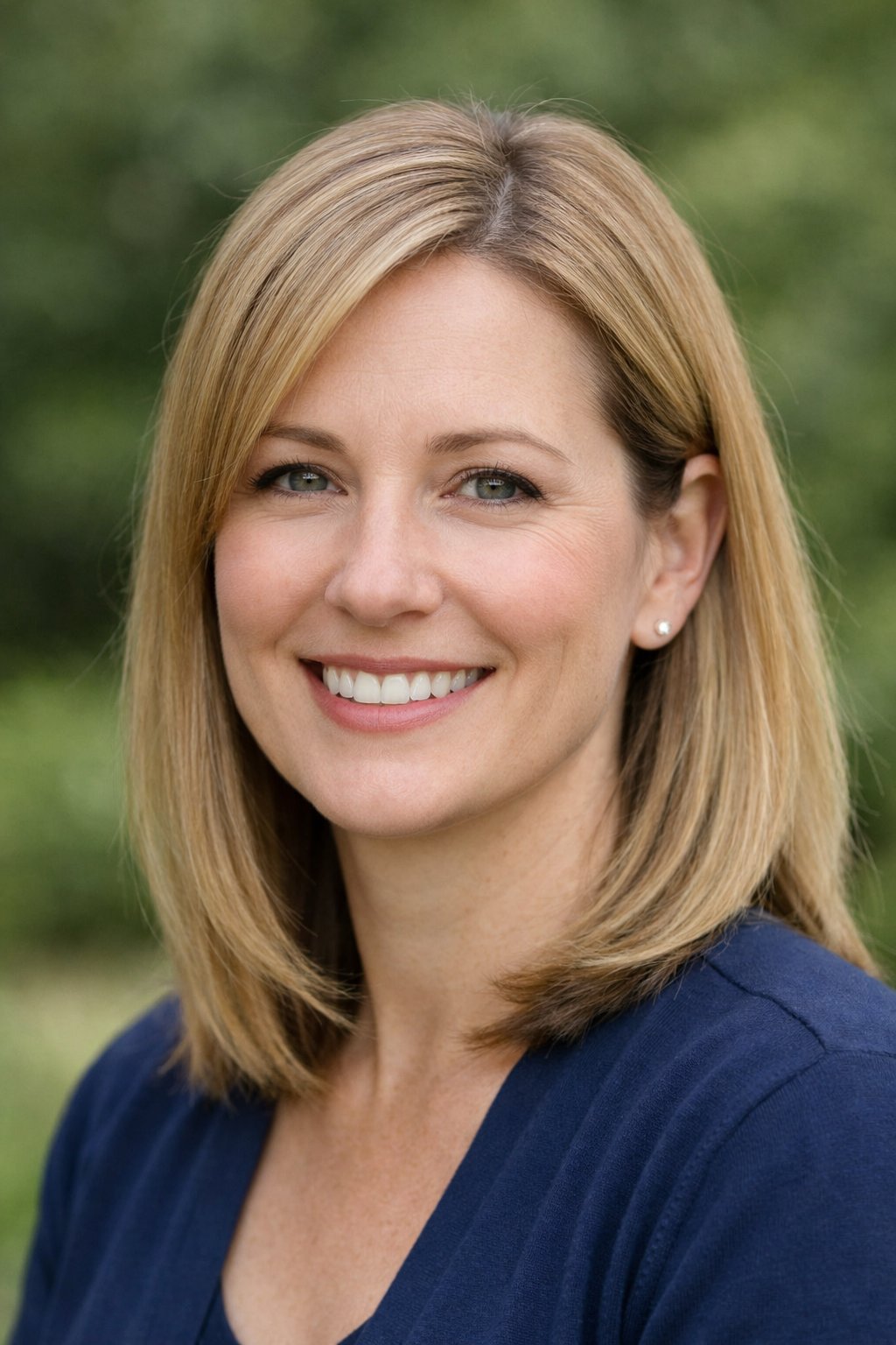 Headshot of a smiling woman outdoors with straight hair parted to the side.