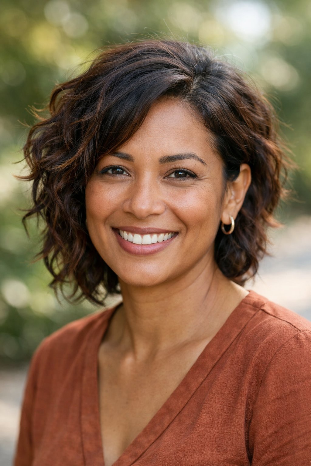 Headshot of a smiling woman outdoors with a blurred natural background.